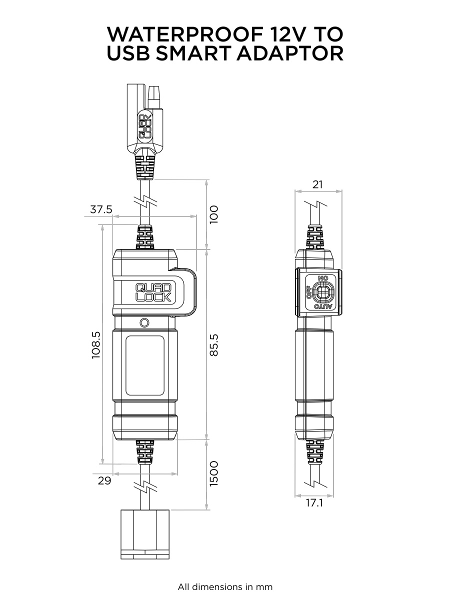 Влагозащищенный смарт-адаптер с 12 Вольт на USB, Quad Lock® Waterproof 12V to USB Smart Adaptor