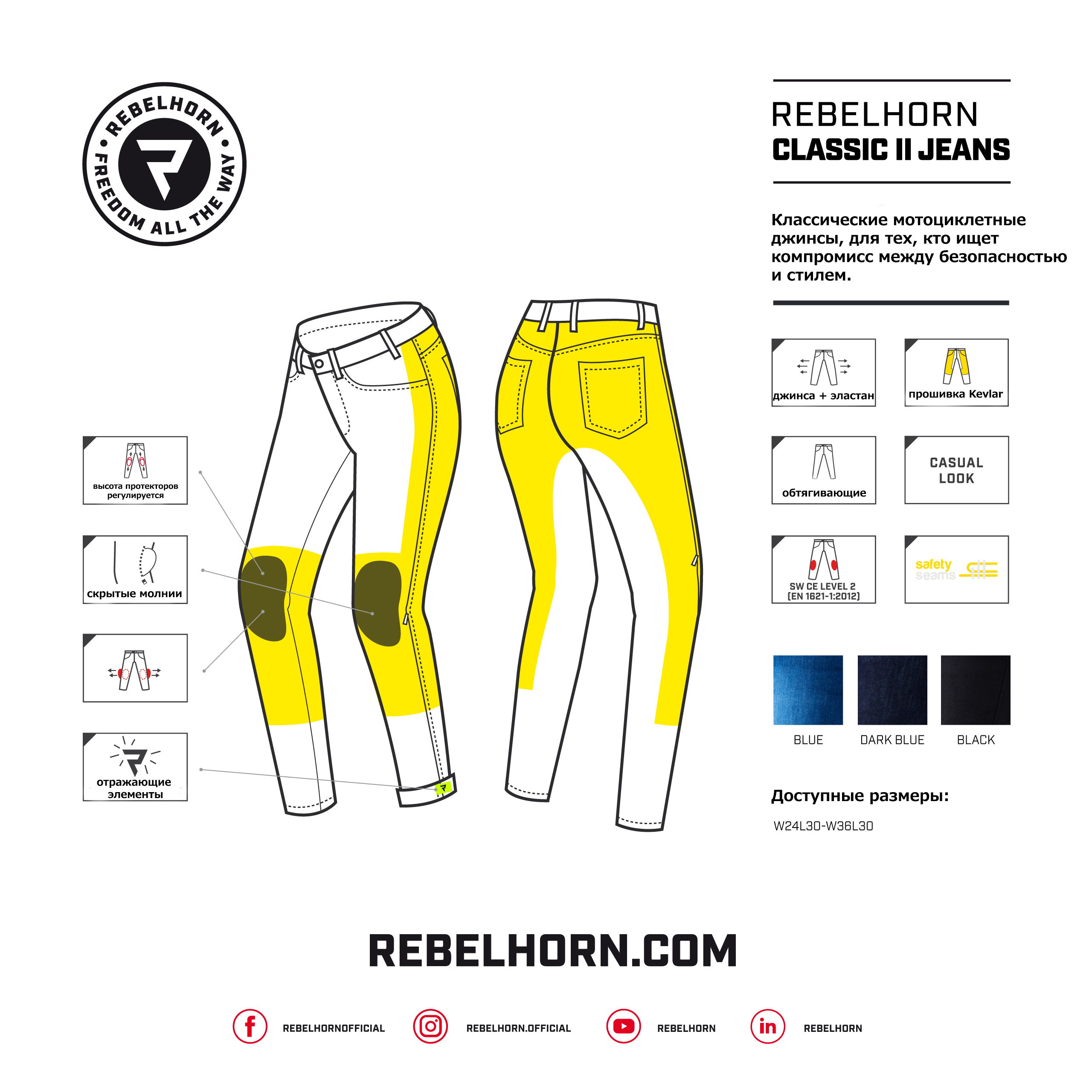 Мотоджинсы Rebelhorn ClassicII slim fit темный синий